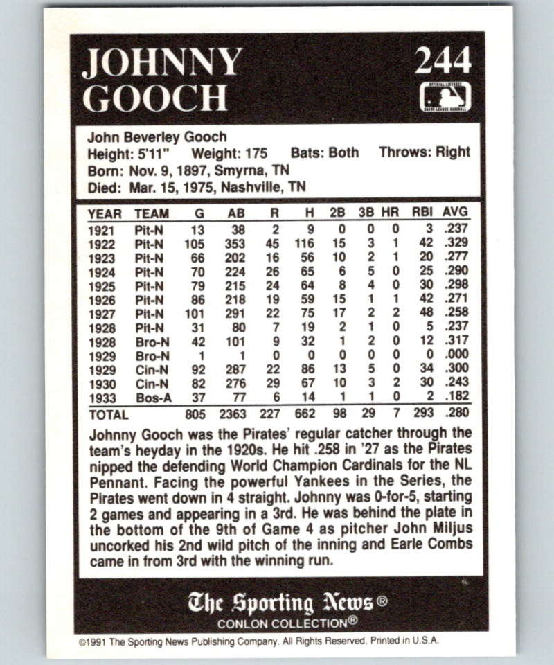 1991 Conlon Collection #244 Johnny Gooch NM Pittsburgh Pirates  Image 2