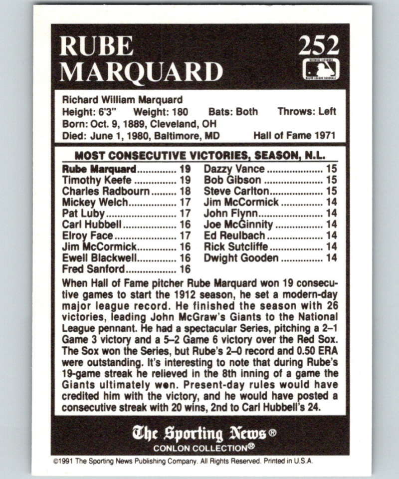 1991 Conlon Collection #252 Rube Marquard ATL NM New York Giants  Image 2