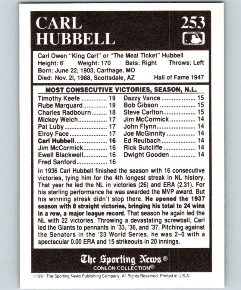 1991 Conlon Collection #253 Carl Hubbell ATL NM New York Giants  Image 2