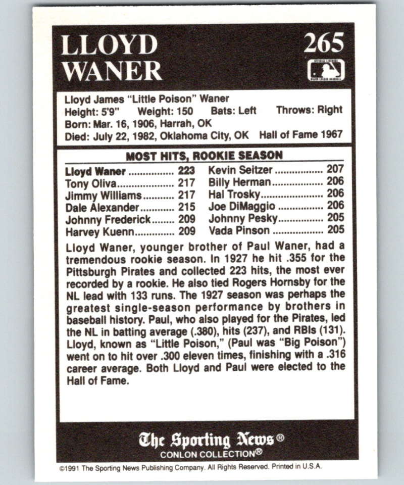 1991 Conlon Collection #265 Lloyd Waner ATL NM Pittsburgh Pirates  Image 2