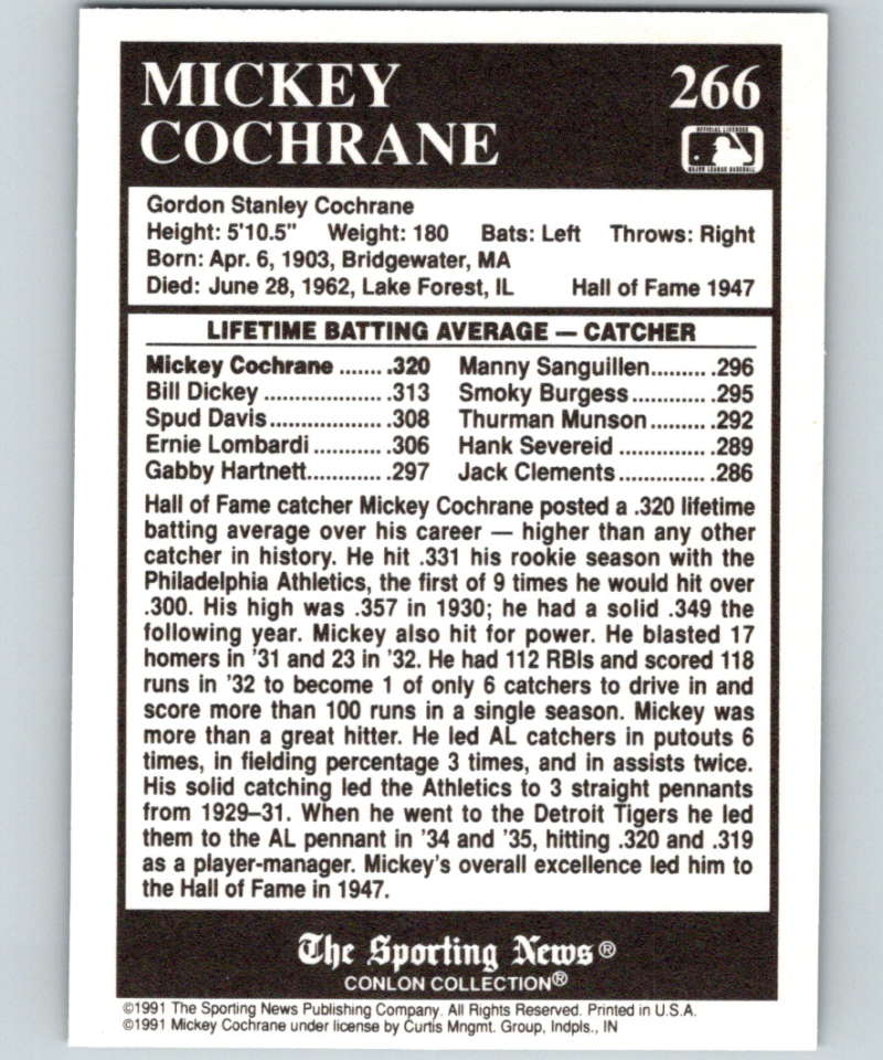 1991 Conlon Collection #266 Mickey Cochrane ATL NM Detroit Tigers  Image 2