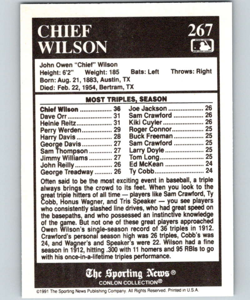 1991 Conlon Collection #267 Chief Wilson ATL NM Pittsburgh Pirates  Image 2