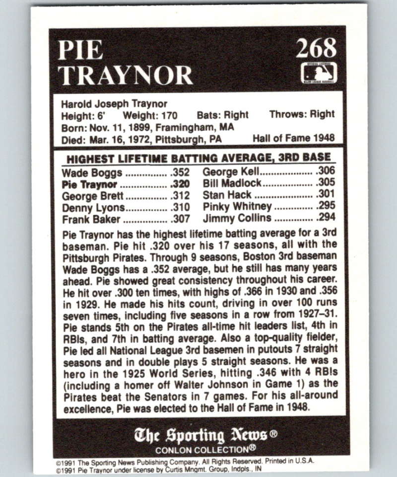 1991 Conlon Collection #268 Pie Traynor ATL NM Pittsburgh Pirates  Image 2