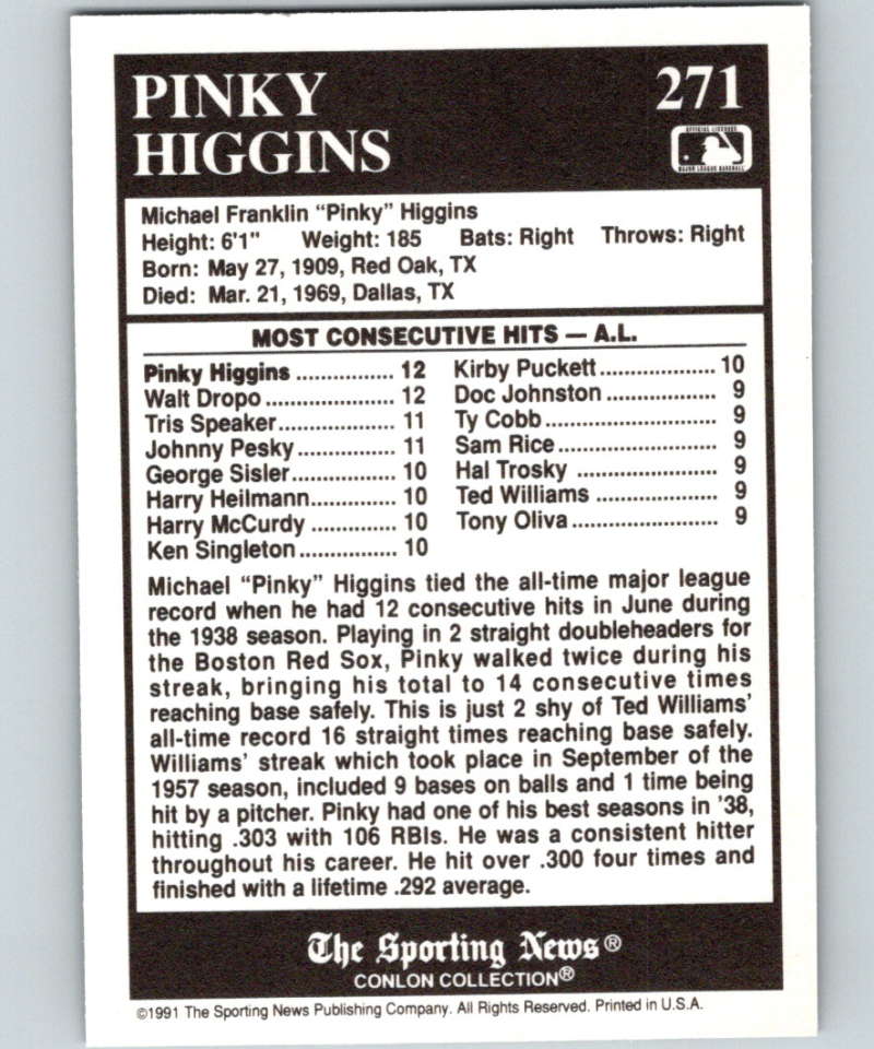 1991 Conlon Collection #271 Pinky Higgins ATL NM Boston Red Sox  Image 2