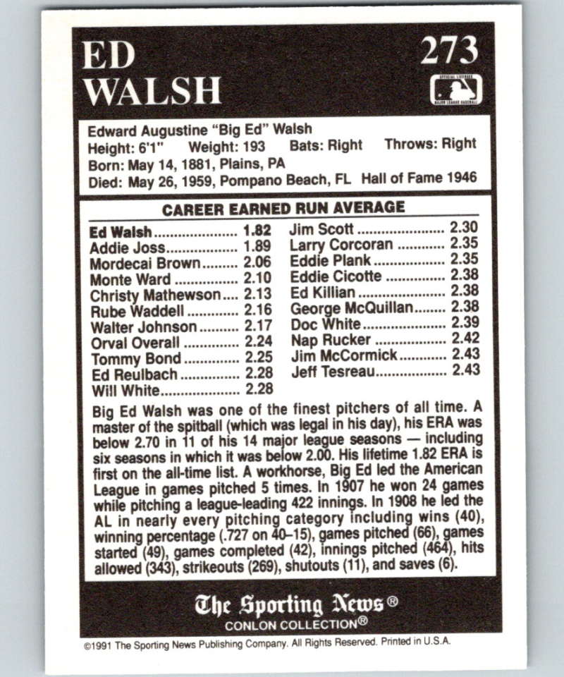 1991 Conlon Collection #273 Ed Walsh ATL NM Chicago White Sox  Image 2