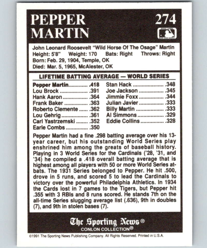 1991 Conlon Collection #274 Pepper Martin ATL NM St. Louis Cardinals  Image 2