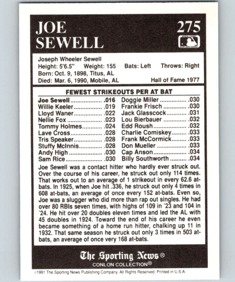 1991 Conlon Collection #275 Joe Sewell ATL NM New York Yankees  Image 2