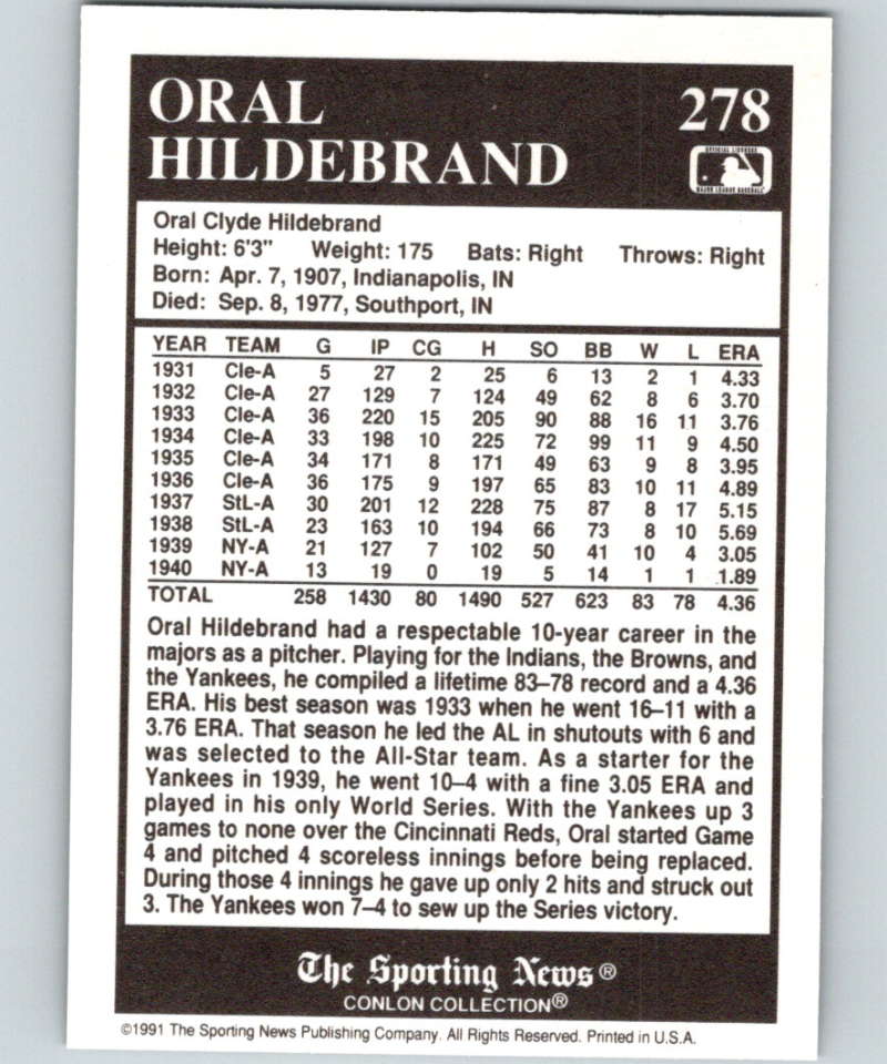 1991 Conlon Collection #278 Oral Hildebrand NM Cleveland Indians  Image 2