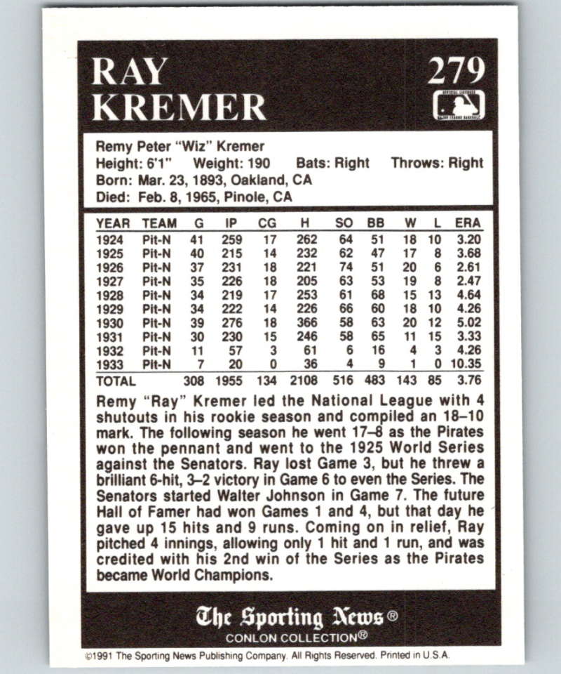 1991 Conlon Collection #279 Ray Kremer NM Pittsburgh Pirates  Image 2