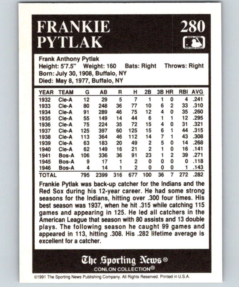 1991 Conlon Collection #280 Frankie Pytlak NM Cleveland Indians  Image 2