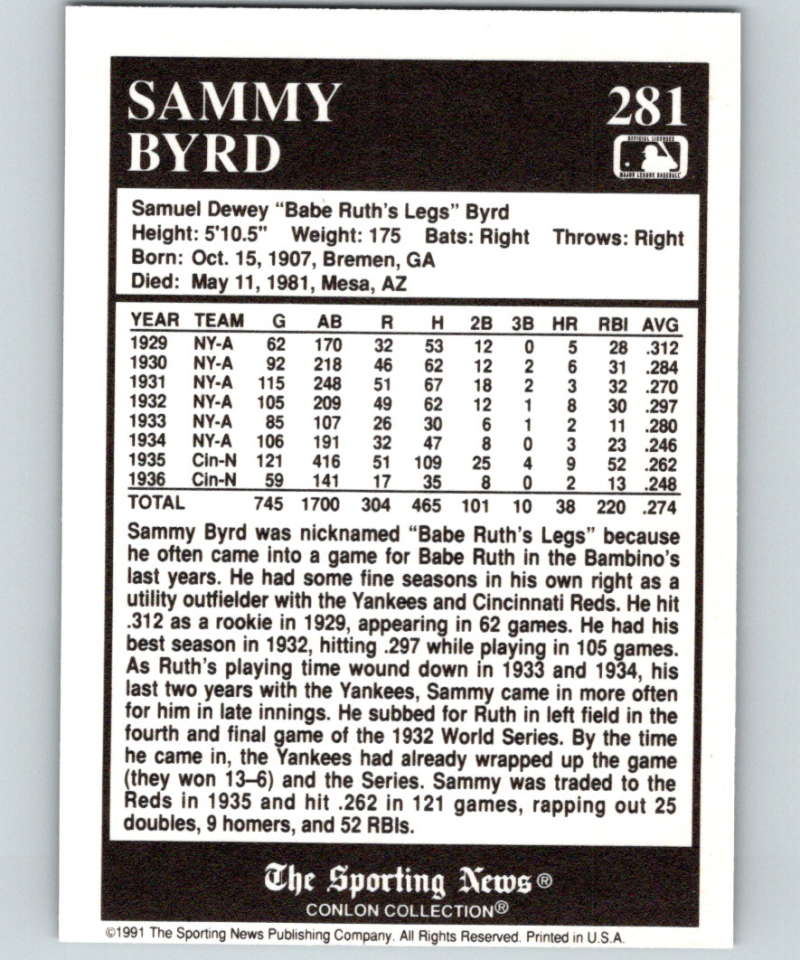 1991 Conlon Collection #281 Sammy Byrd NM Cincinnati Reds  Image 2