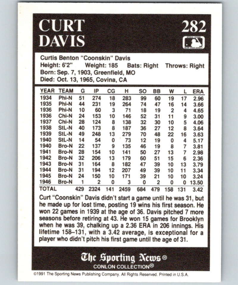 1991 Conlon Collection #282 Curt Davis NM St. Louis Cardinals  Image 2