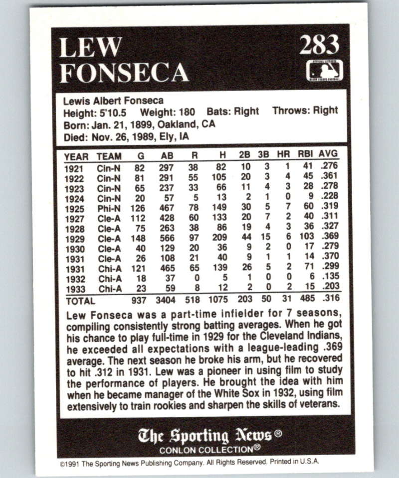 1991 Conlon Collection #283 Lew Fonseca NM Cleveland Indians  Image 2