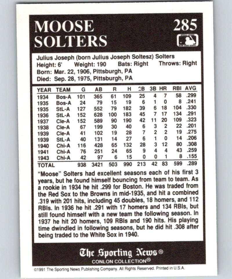 1991 Conlon Collection #285 Moose Solters NM St. Louis Browns