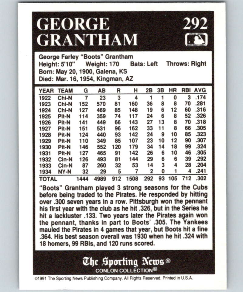 1991 Conlon Collection #292 George Grantham NM Cincinnati Reds  Image 2