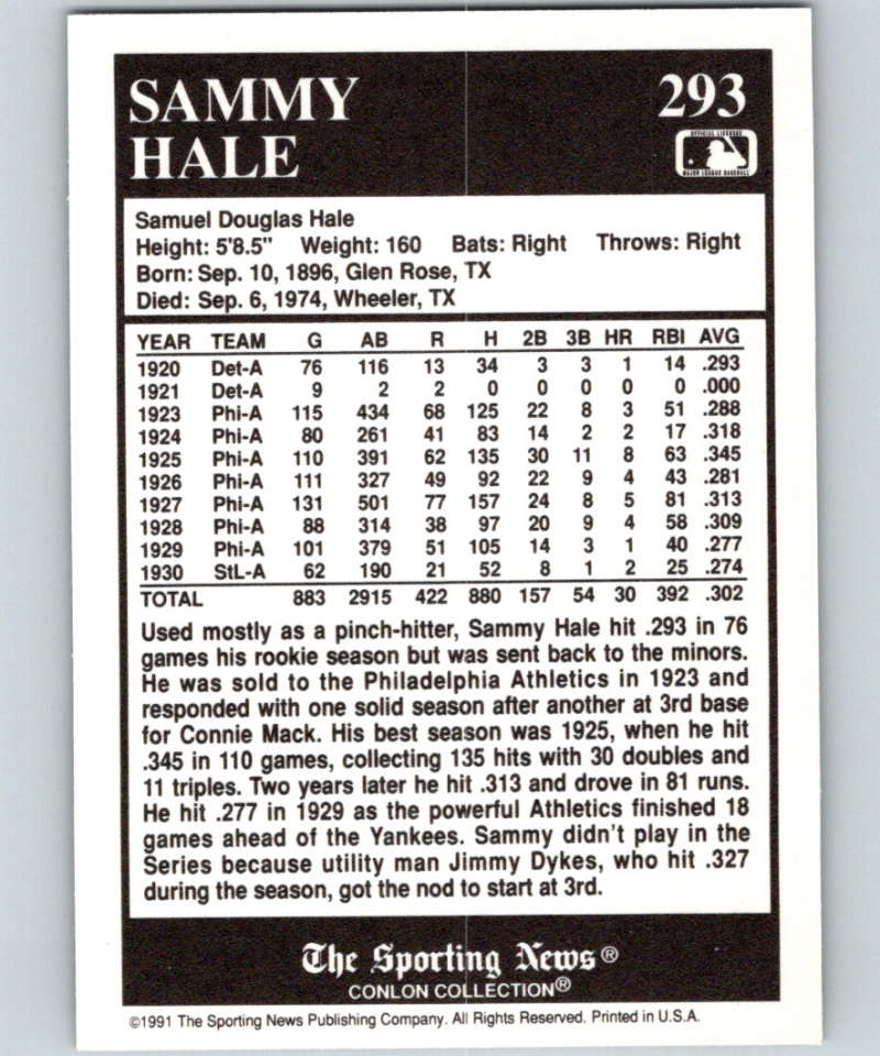 1991 Conlon Collection #293 Sammy Hale NM Philadelphia Athletics  Image 2