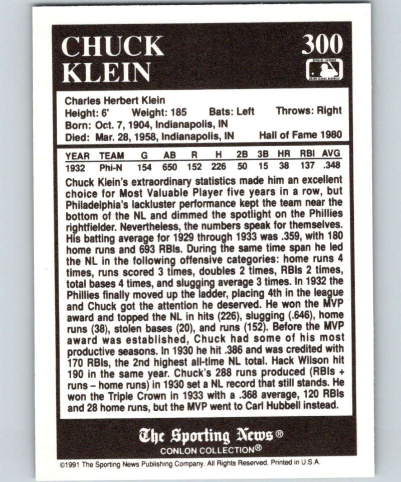 1991 Conlon Collection #300 Chuck Klein MVP NM Philadelphia Phillies