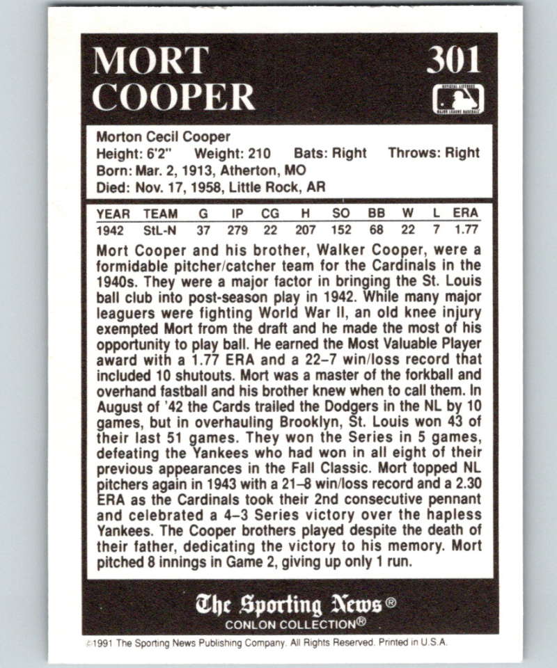 1991 Conlon Collection #301 Mort Cooper MVP NM St. Louis Cardinals  Image 2