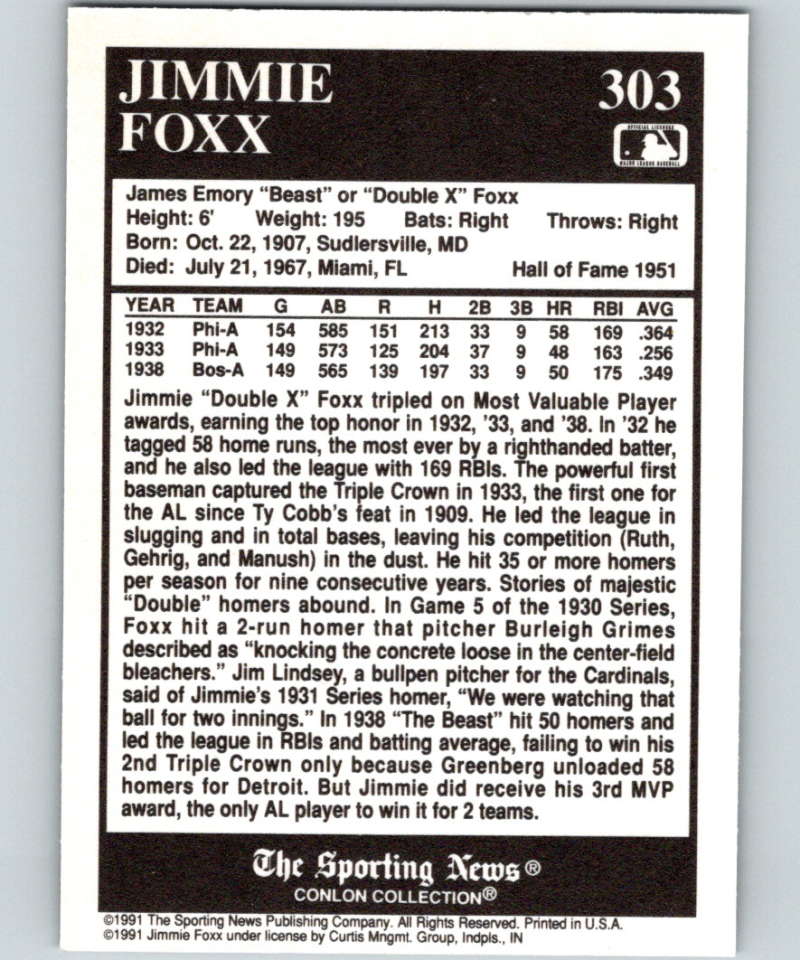 1991 Conlon Collection #303 Jimmie Foxx MVP NM Philadelphia Athletics  Image 2