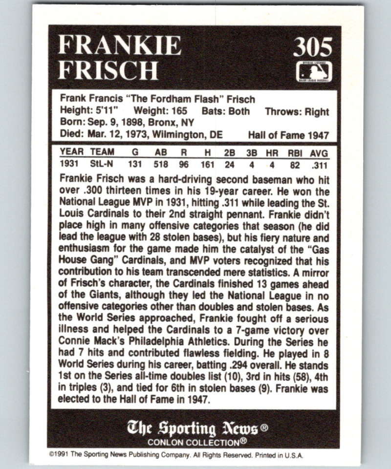1991 Conlon Collection #305 Frankie Frisch MVP NM St. Louis Cardinals  Image 2