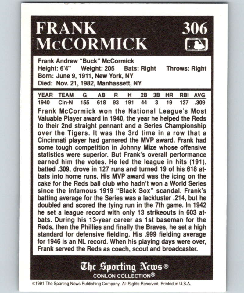 1991 Conlon Collection #306 Frank McCormick MVP NM Cincinnati Reds  Image 2