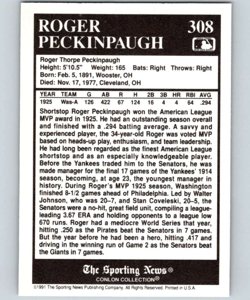 1991 Conlon Collection #308 Roger Peckinpaugh MVP NM Washington Senators  Image 2