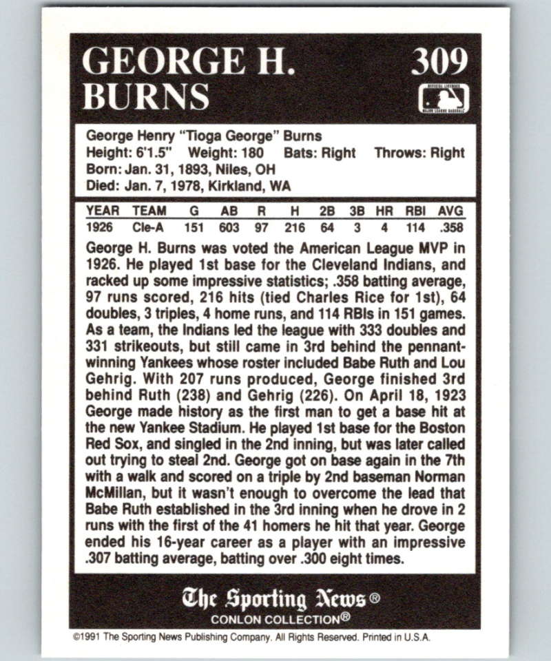 1991 Conlon Collection #309 George Burns MVP NM Cleveland Indians  Image 2