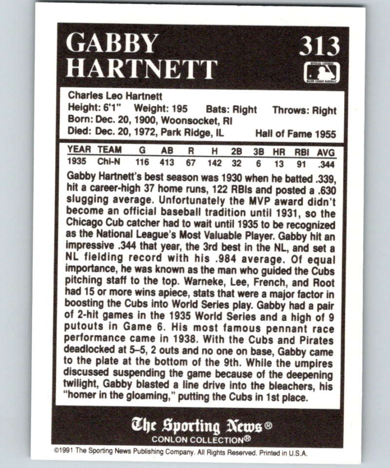 1991 Conlon Collection #313 Gabby Hartnett MVP NM Chicago Cubs  Image 2