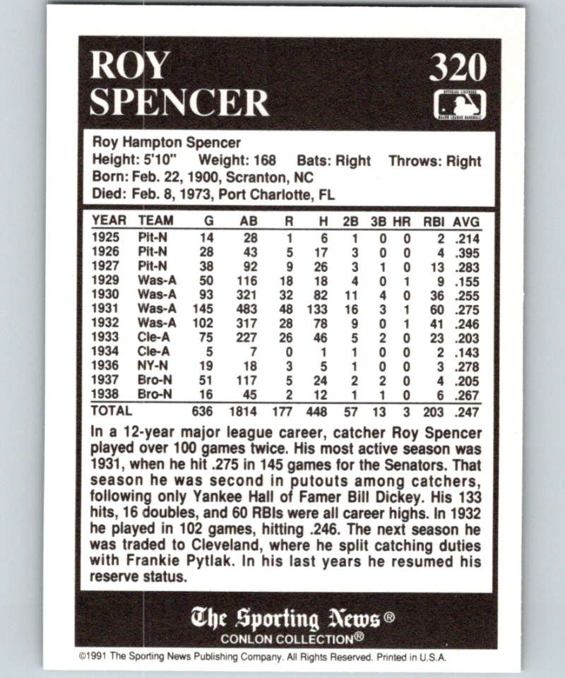 1991 Conlon Collection #320 Roy Spencer NM Cleveland Indians  Image 2