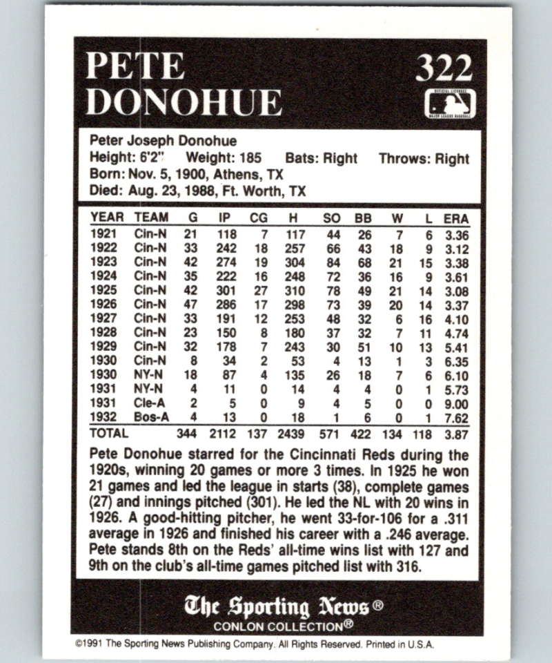 1991 Conlon Collection #322 Pete Donohue NM Cincinnati Reds  Image 2