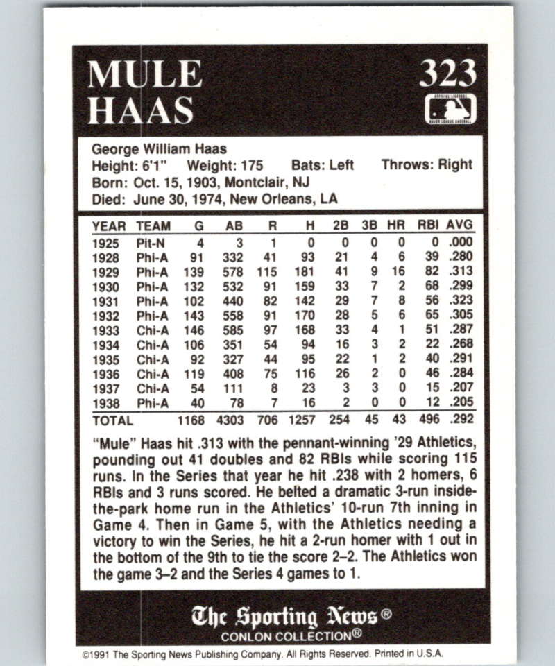1991 Conlon Collection #323 Mule Haas NM Chicago White Sox  Image 2