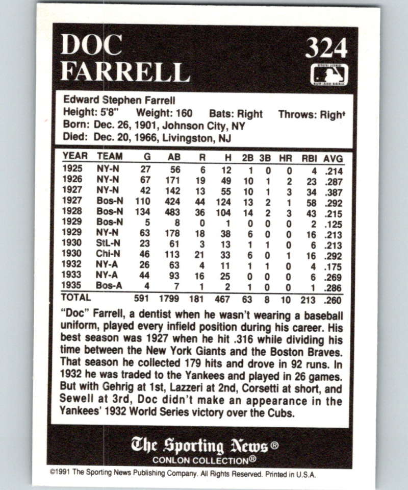 1991 Conlon Collection #324 Doc Farrell NM New York Giants  Image 2