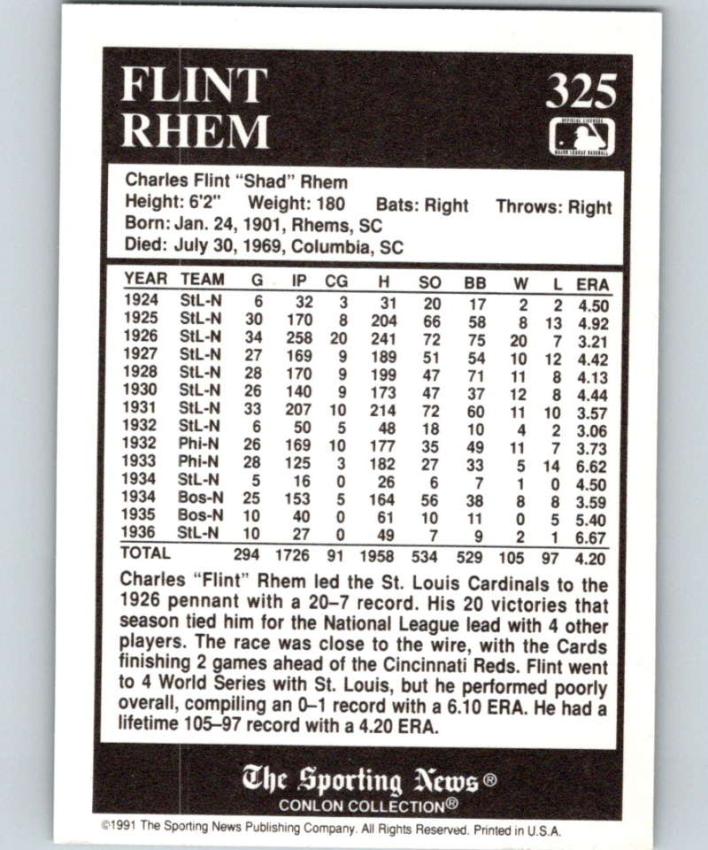 1991 Conlon Collection #325 Flint Rhem NM St. Louis Cardinals  Image 2