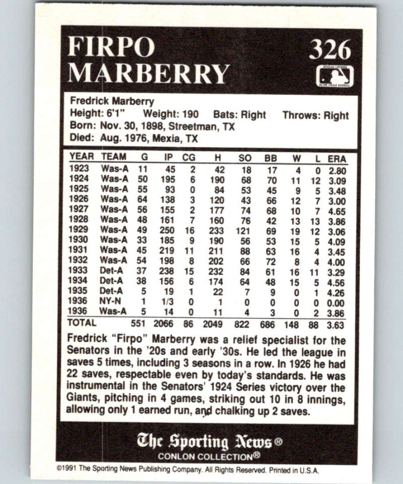 1991 Conlon Collection #326 Firpo Marberry NM Detroit Tigers  Image 2