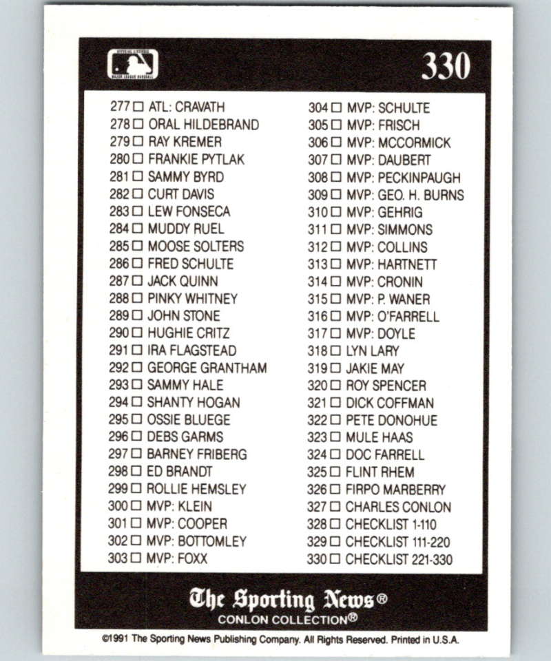 1991 Conlon Collection #330 Checklist 221-330 NM  Image 2