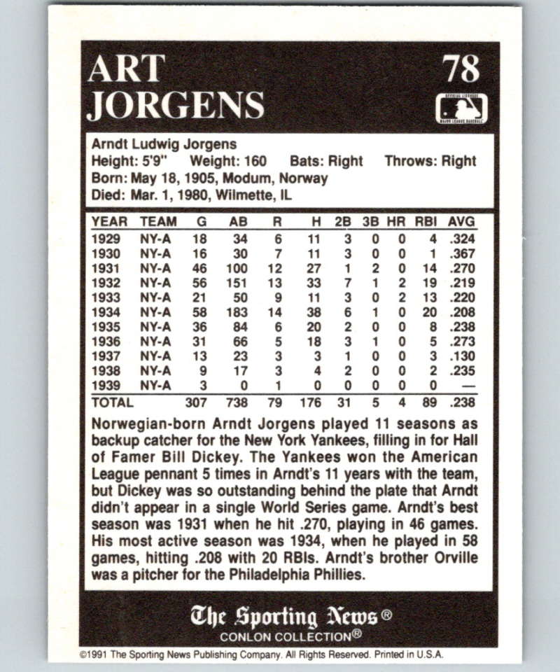 1991 Conlon Collection #78 Art Jorgens NM New York Yankees  Image 2