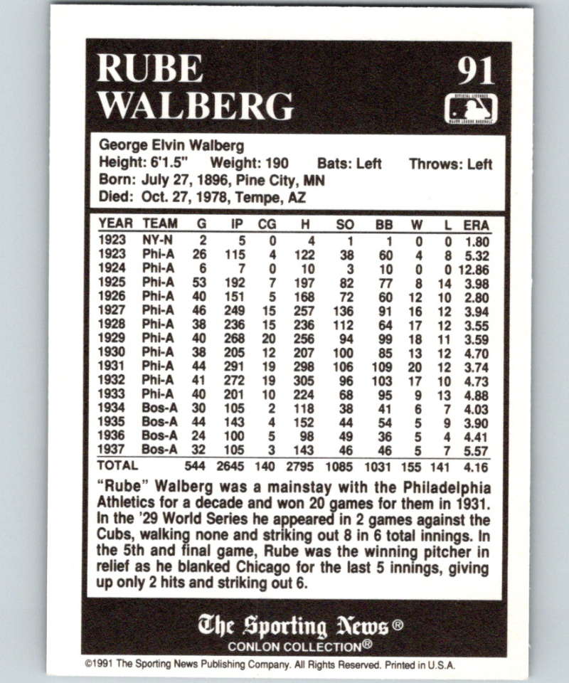 1991 Conlon Collection #91 Rube Walberg NM Philadelphia Athletics  Image 2