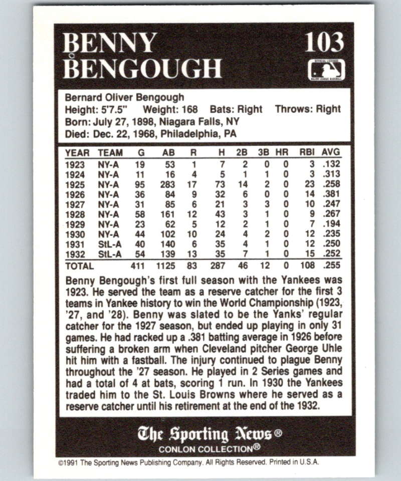 1991 Conlon Collection #103 Benny Bengough NM New York Yankees  Image 2