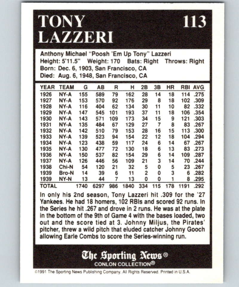 1991 Conlon Collection #113 Tony Lazzeri NM New York Yankees  Image 2