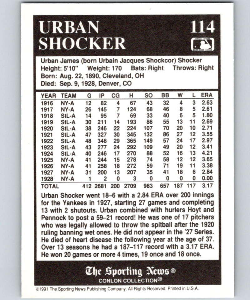 1991 Conlon Collection #114 Urban Shocker NM New York Yankees  Image 2