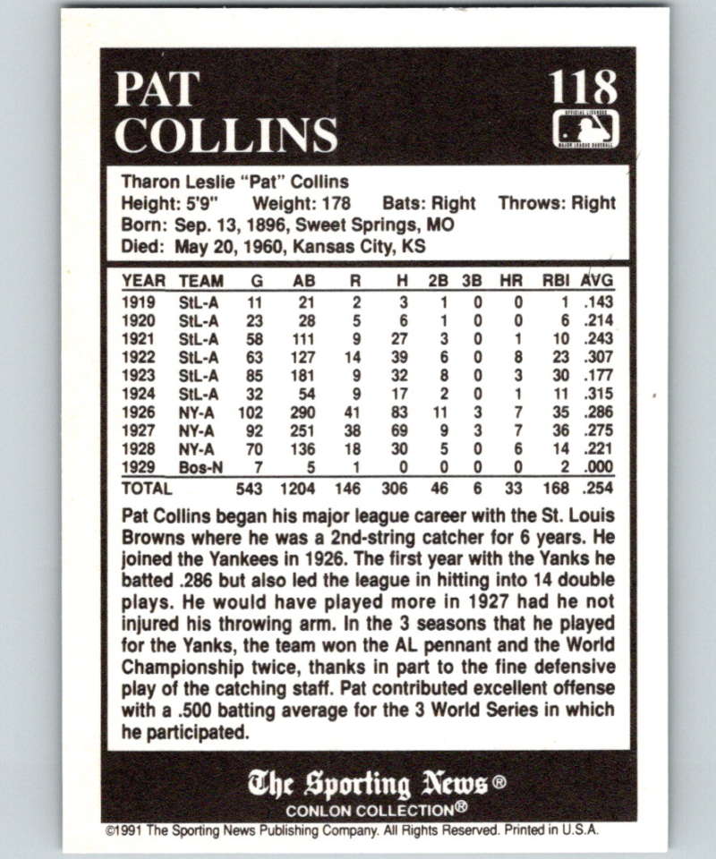 1991 Conlon Collection #118 Pat Collins NM New York Yankees