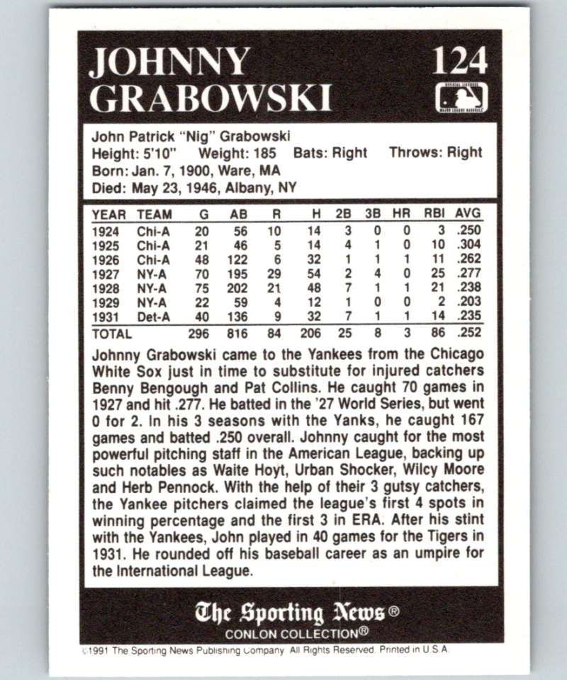 1991 Conlon Collection #124 Johnny Grabowski NM New York Yankees  Image 1