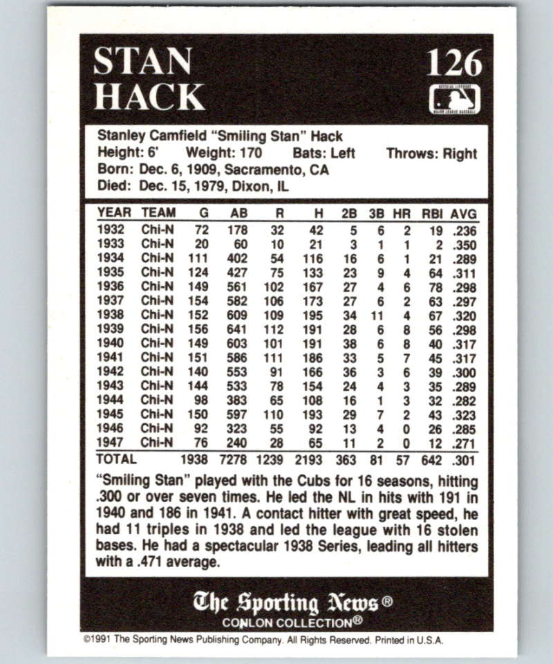 1991 Conlon Collection #126 Stan Hack NM Chicago Cubs  Image 2