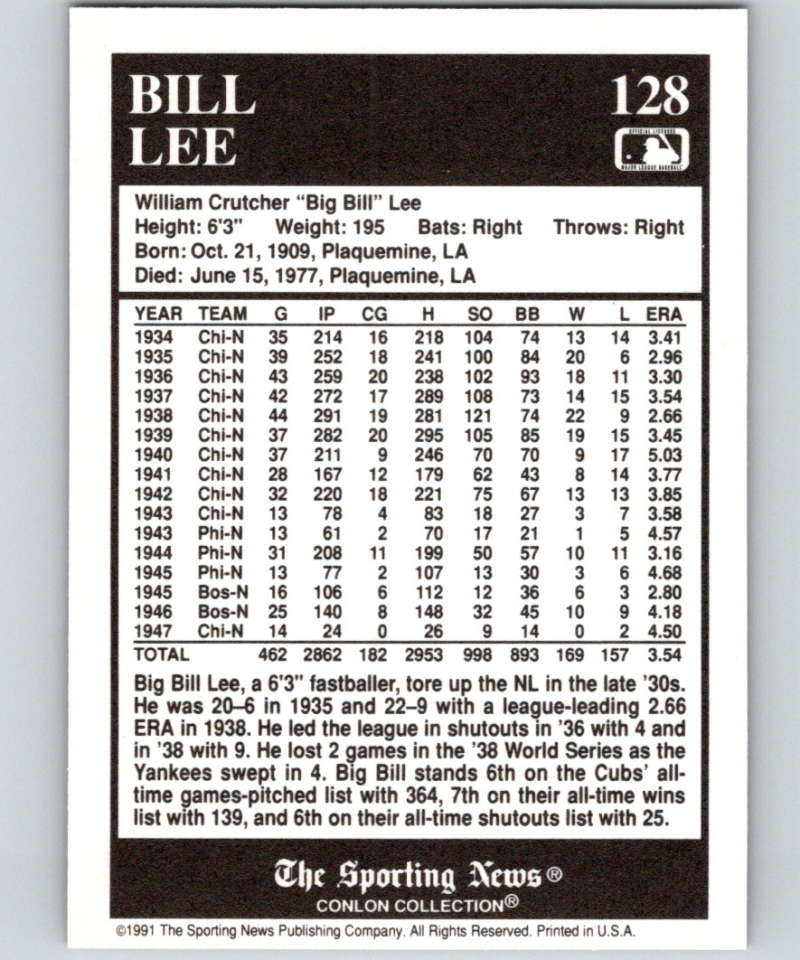 1991 Conlon Collection #128 Bill Lee NM Chicago Cubs  Image 2