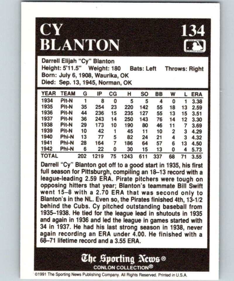 1991 Conlon Collection #134 Cy Blanton NM Pittsburgh Pirates  Image 2
