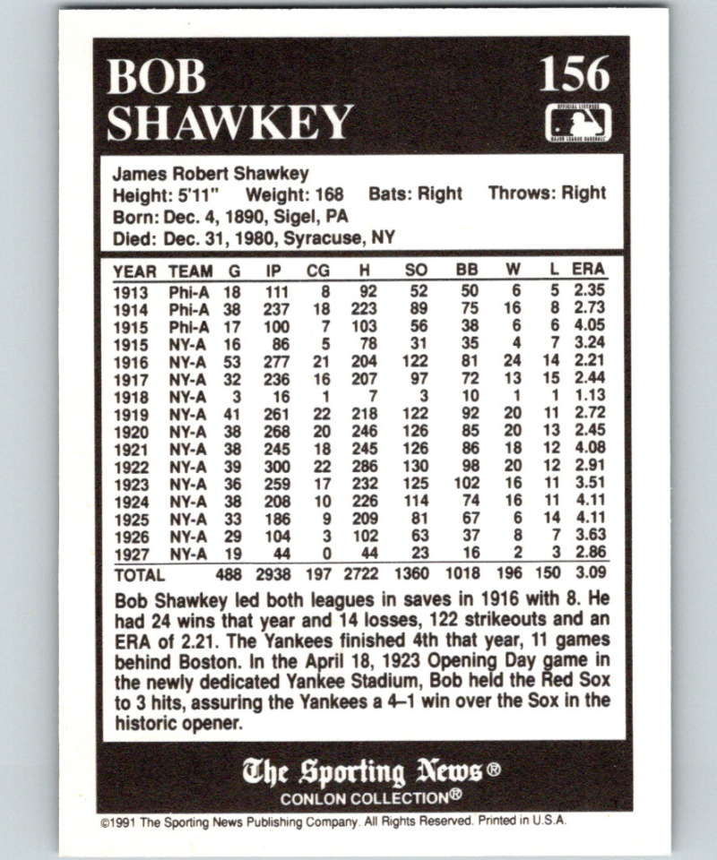 1991 Conlon Collection #156 Bob Shawkey LL NM New York Yankees  Image 2