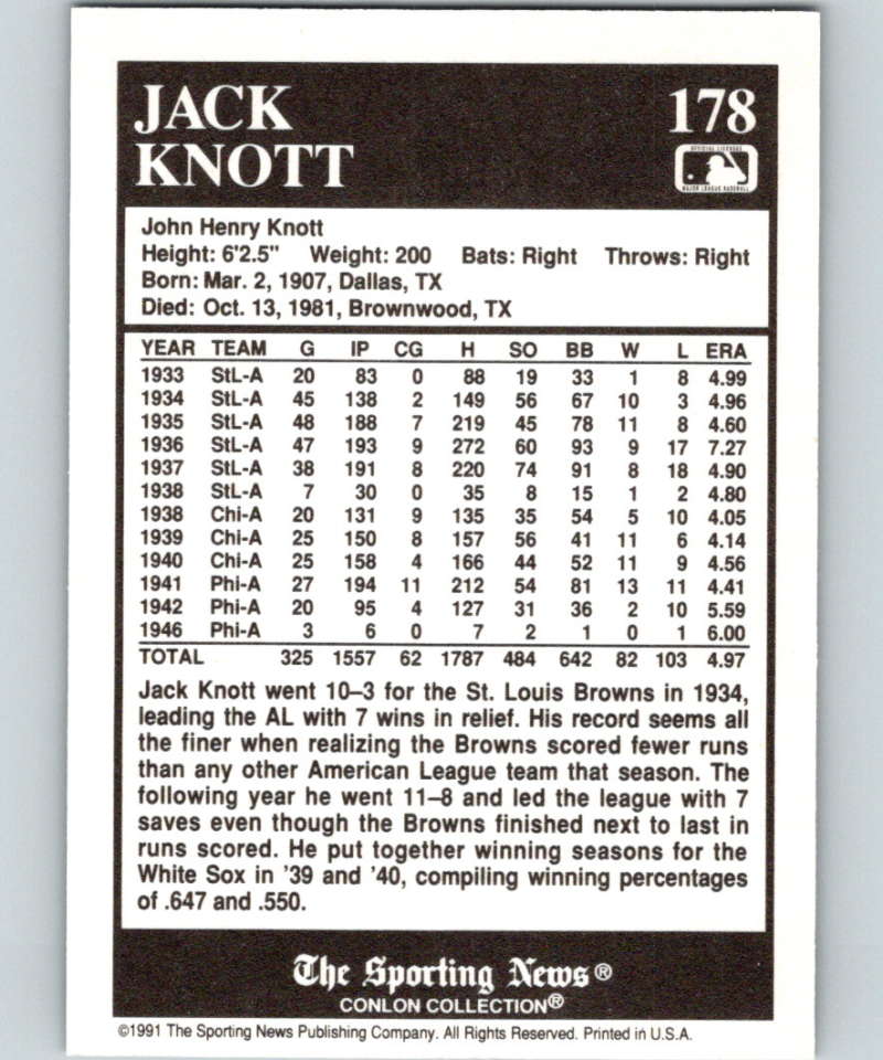 1991 Conlon Collection #178 Jack Knott ST NM St. Louis Browns  Image 2