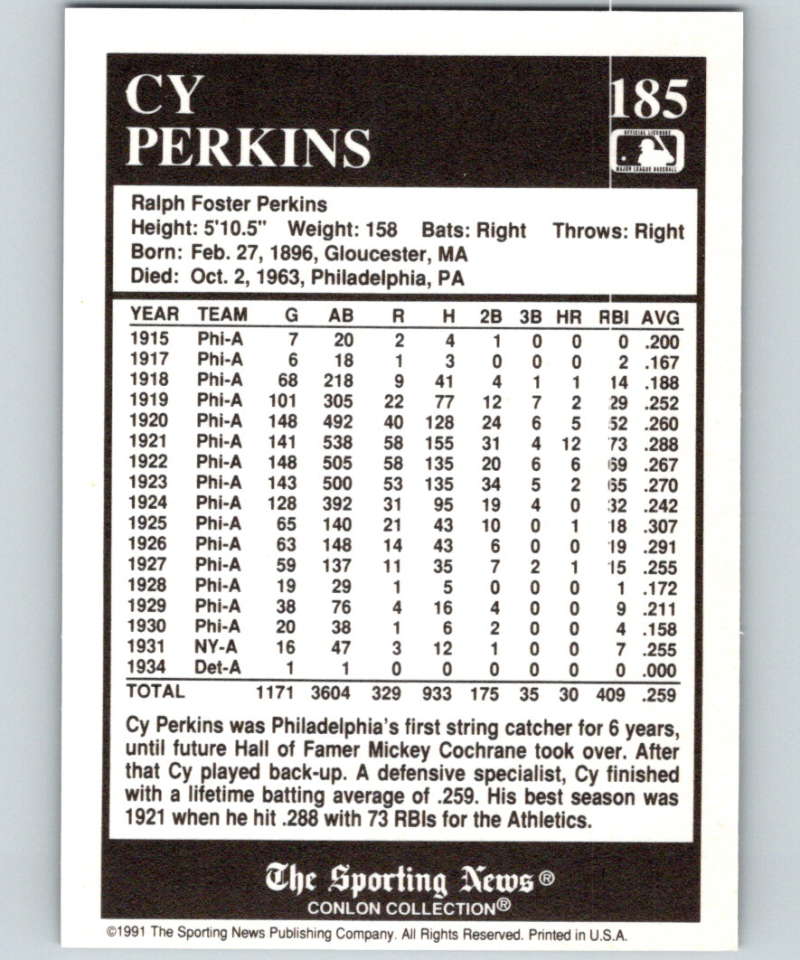 1991 Conlon Collection #185 Cy Perkins NM Philadelphia Athletics  Image 2