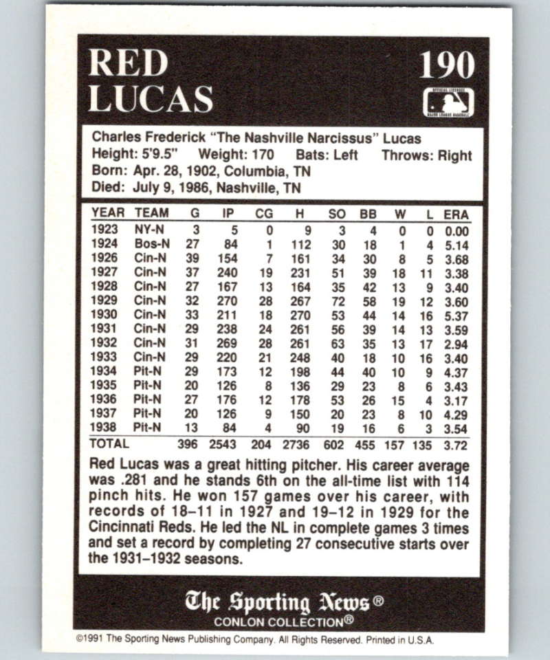 1991 Conlon Collection #190 Red Lucas NM Pittsburgh Pirates  Image 2