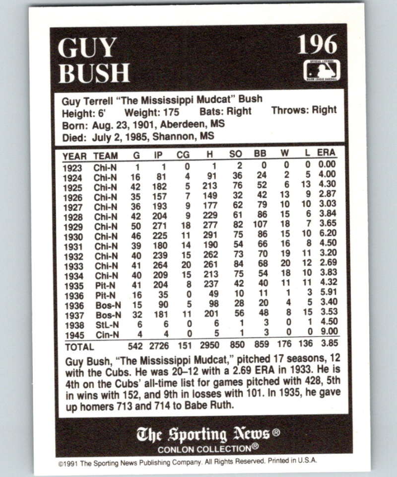 1991 Conlon Collection #196 Guy Bush NM Pittsburgh Pirates  Image 2